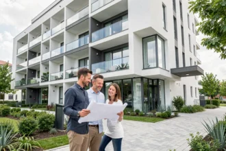 Couple devant un immeuble neuf moderne étudiant des plans d'investissement immobilier
