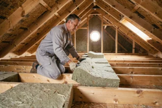 Artisan posant de la laine minérale dans les combles d'une maison pour une isolation thermique optimale