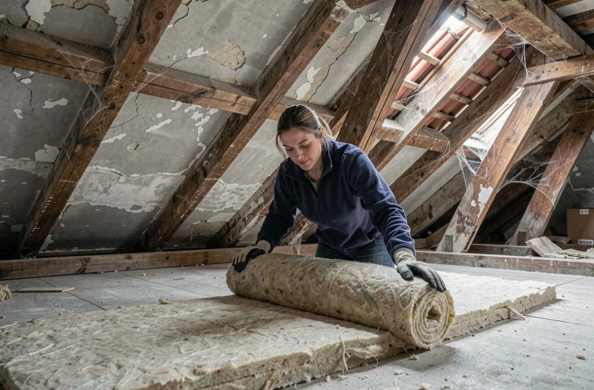 Femme déroulant de la laine minérale isolante dans les combles d'une maison ancienne de style haussmannien pendant une rénovation thermique