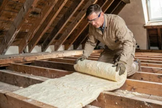 Artisan posant de la laine minérale sur le plancher de combles perdus lors d'une rénovation thermique