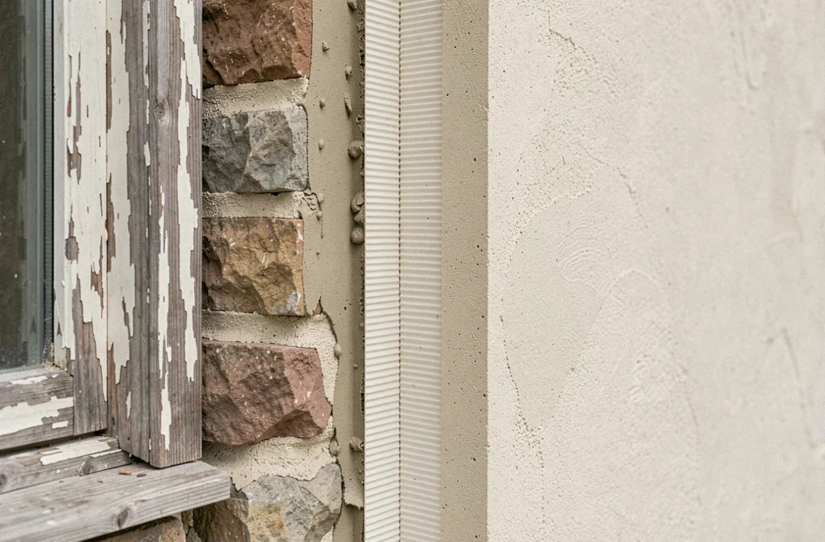 Gros plan sur la coupe transversale d'un mur ancien avec système d'isolation thermique par l'extérieur, montrant les couches de pierre, isolant rigide et enduit minéral