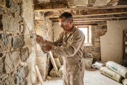 Artisan appliquant de la mousse isolante sur un mur en pierre d'une ancienne maison de campagne française lors de travaux de rénovation