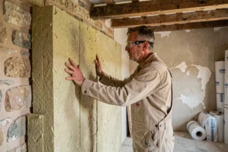 Artisan posant des panneaux de laine minérale sur le mur en pierre d'une maison ancienne lors de travaux d'isolation thermique intérieure