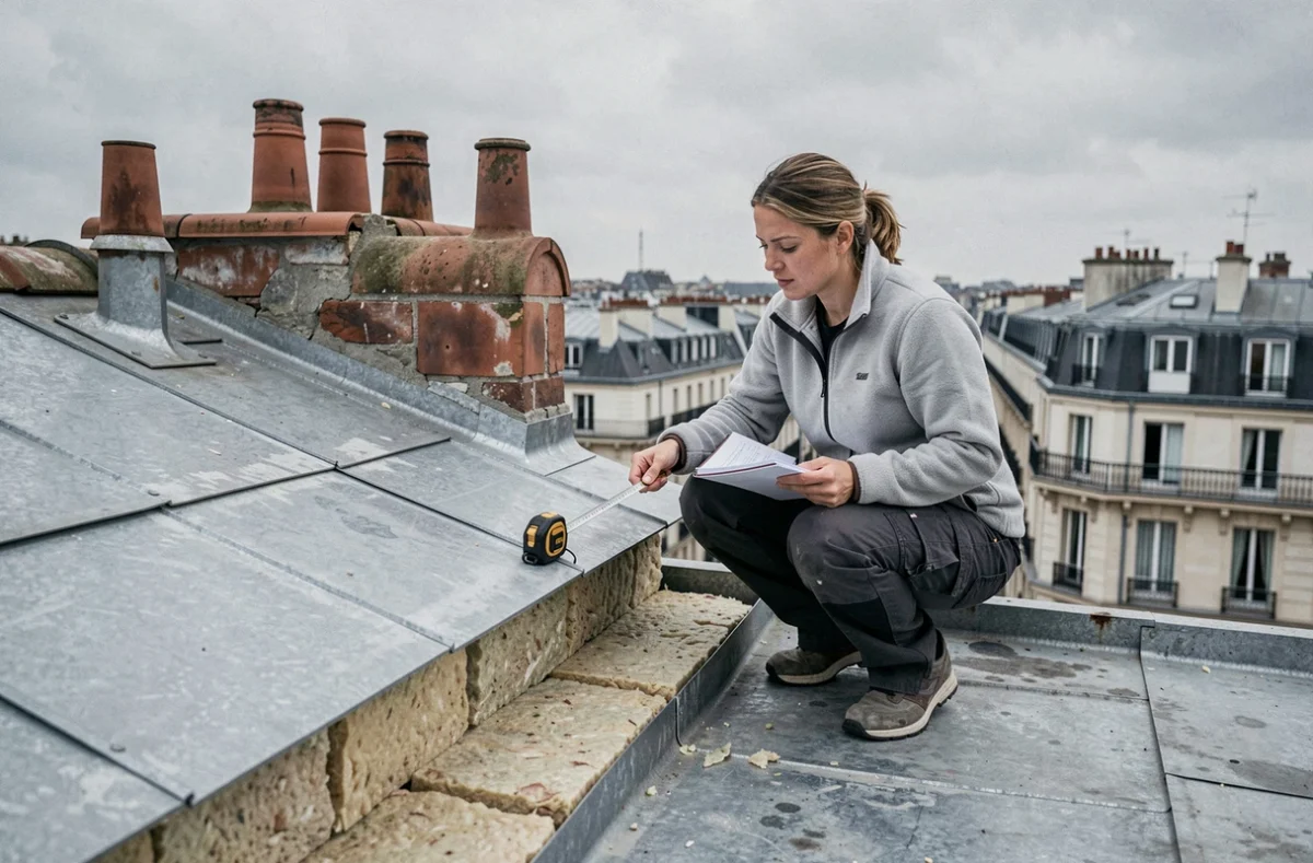 Architecte inspectant l'isolation par soufflage en ouate de cellulose sur la toiture d'un immeuble haussmannien lors d'une rénovation énergétique