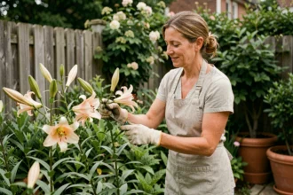 Femme jardinière qui supprime les fleurs de lys fanées pour favoriser une floraison prolongée tout l'été