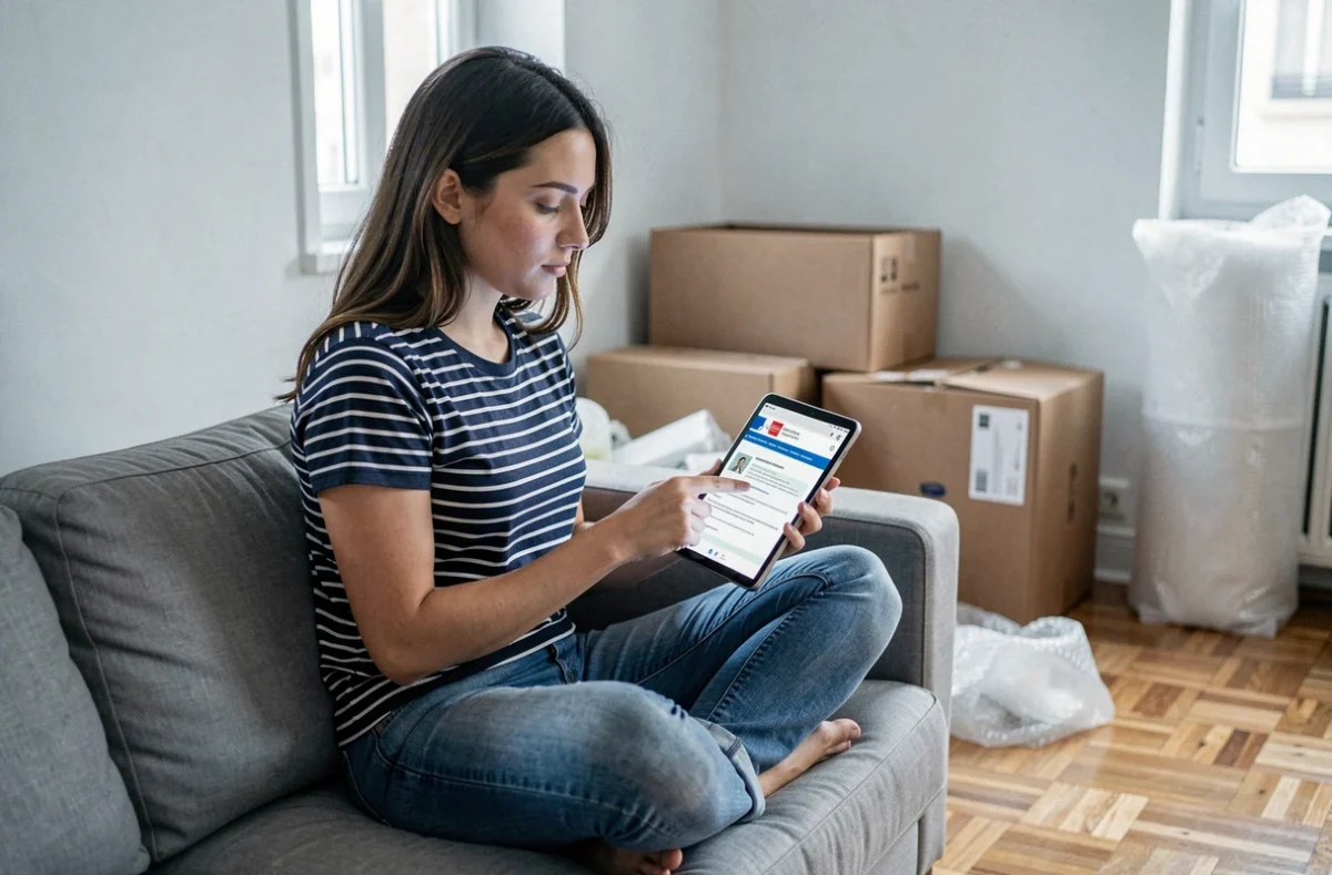 Jeune femme utilisant une tablette pour notifier son changement d'adresse en ligne dans un appartement