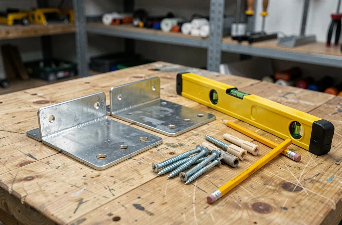 Kit de fixation murale avec équerres, chevilles, vis et niveau à bulle pour sécuriser un meuble au mur