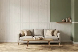Salon moderne avec lambris blanc associé à une peinture vert sauge, parquet chêne et canapé en lin naturel