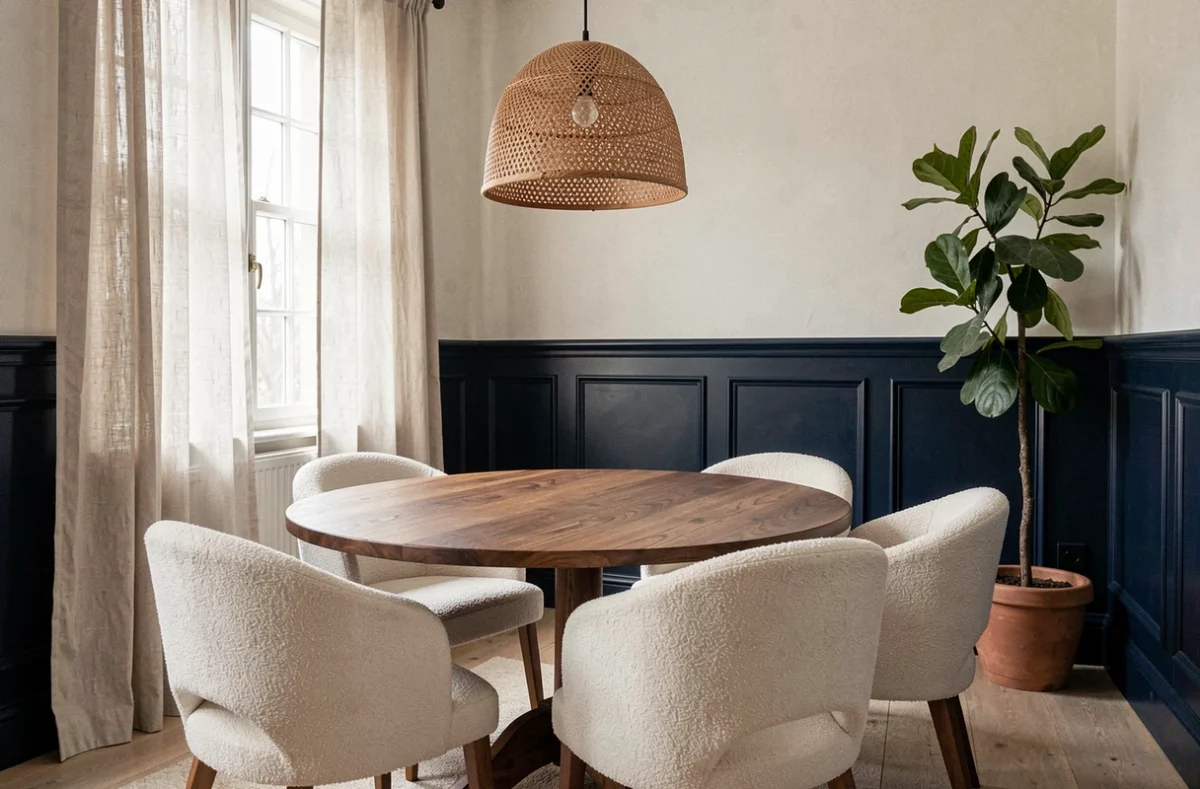 Salle à manger avec lambris bleu marine et table en noyer massif, ambiance chaleureuse et contemporaine
