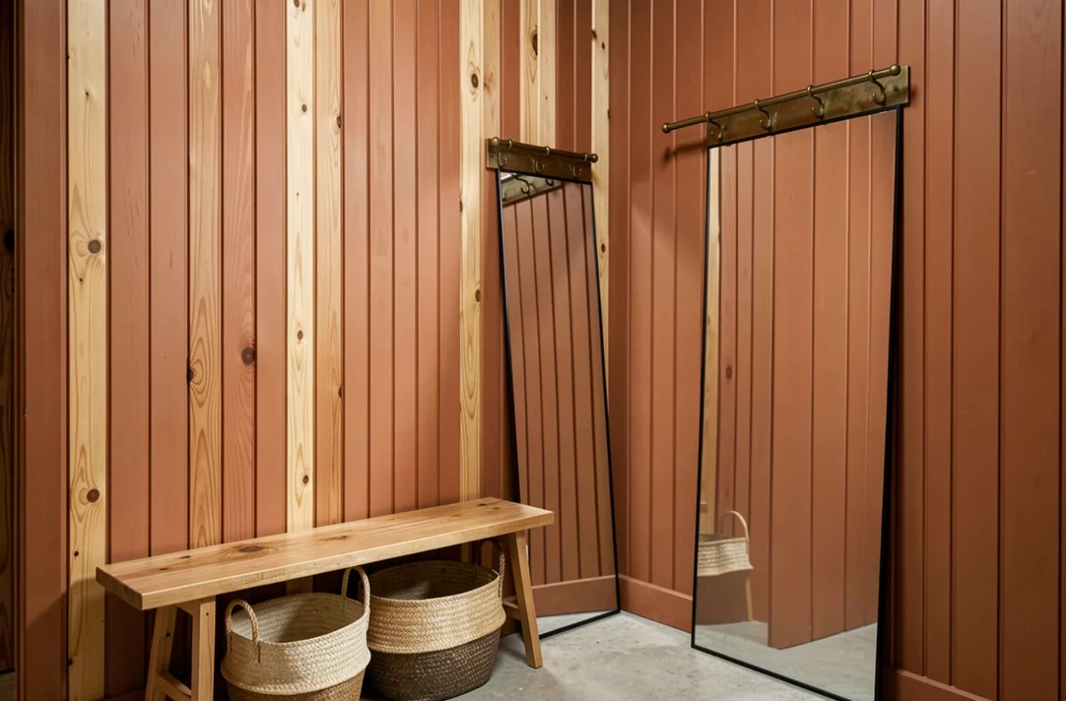Couloir d'entrée avec lambris en pin peint en terracotta, sol béton brut et miroir en métal noir