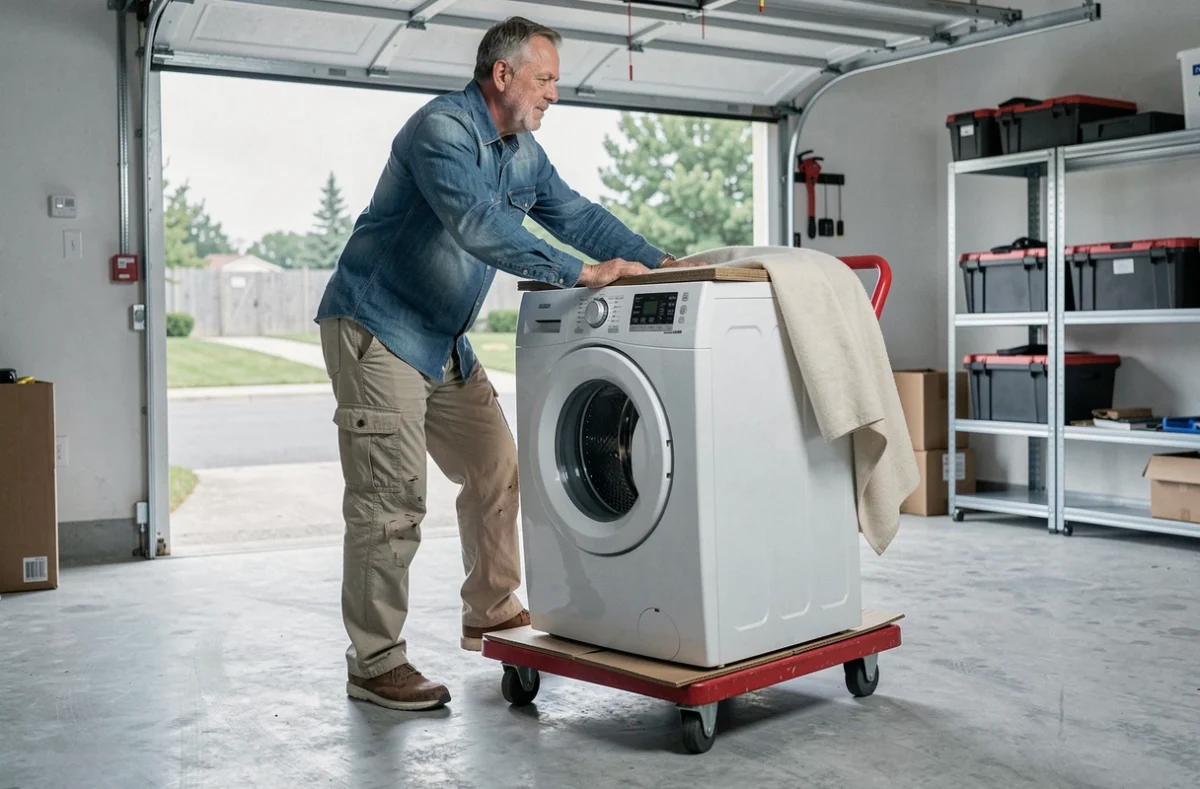 Homme utilisant un diable à roulettes pour déplacer seul une machine à laver dans un garage