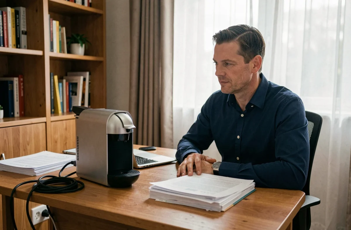 Homme travaillant à domicile regardant une machine à café débranchée posée sur son bureau avec une multiprise au sol