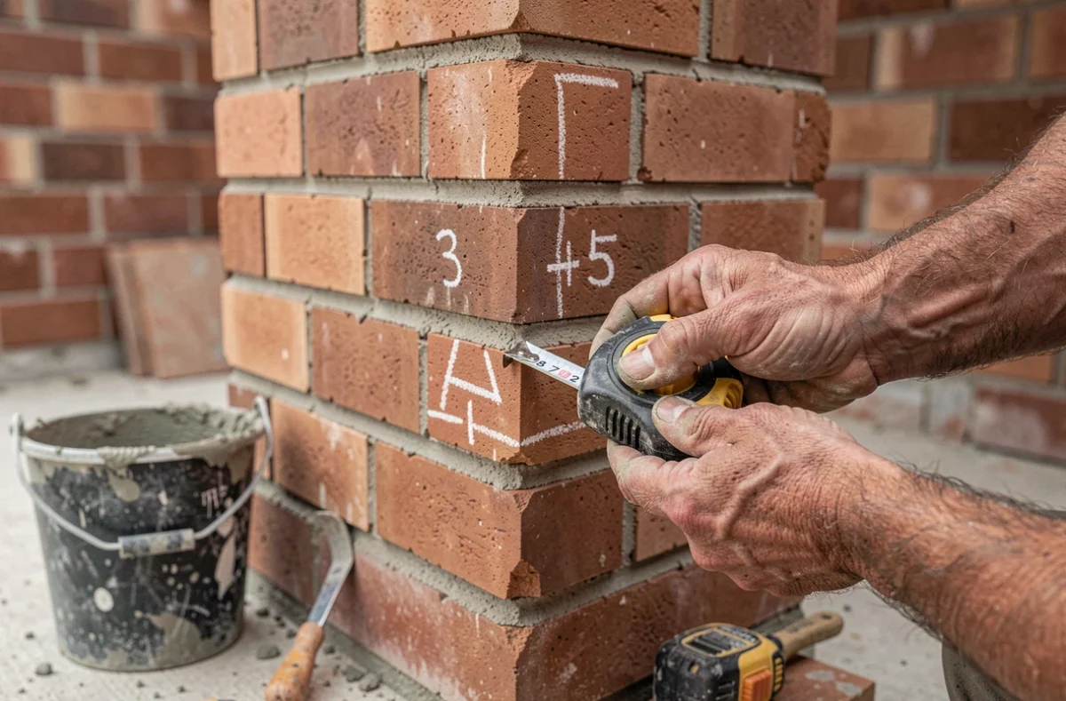 Mains d'un maçon mesurant un angle de mur en brique avec la méthode du triangle 3-4-5 sur un chantier