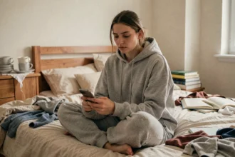 Jeune femme assise sur un lit défait entourée de désordre, regardant son téléphone sans motivation pour faire le ménage