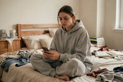 Jeune femme assise sur un lit défait entourée de désordre, regardant son téléphone sans motivation pour faire le ménage