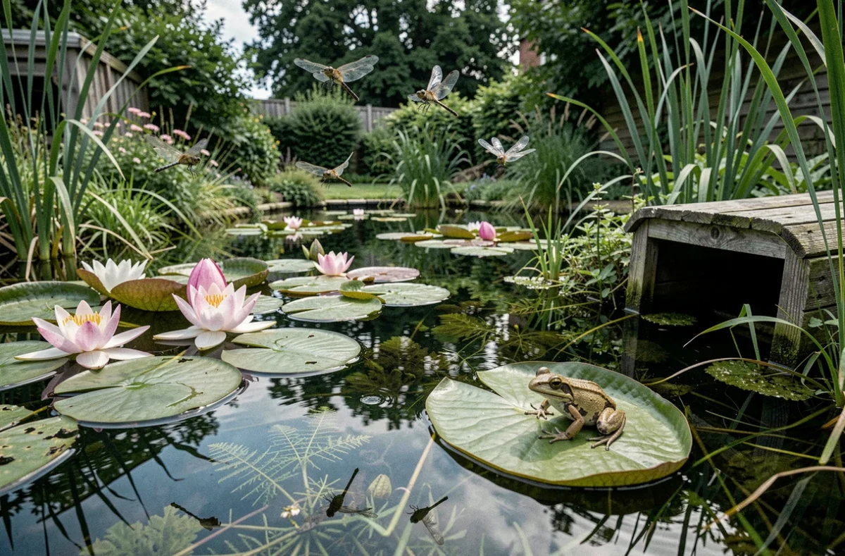 Mare naturelle de jardin avec nénuphars, grenouille et libellules favorisant la biodiversité aquatique
