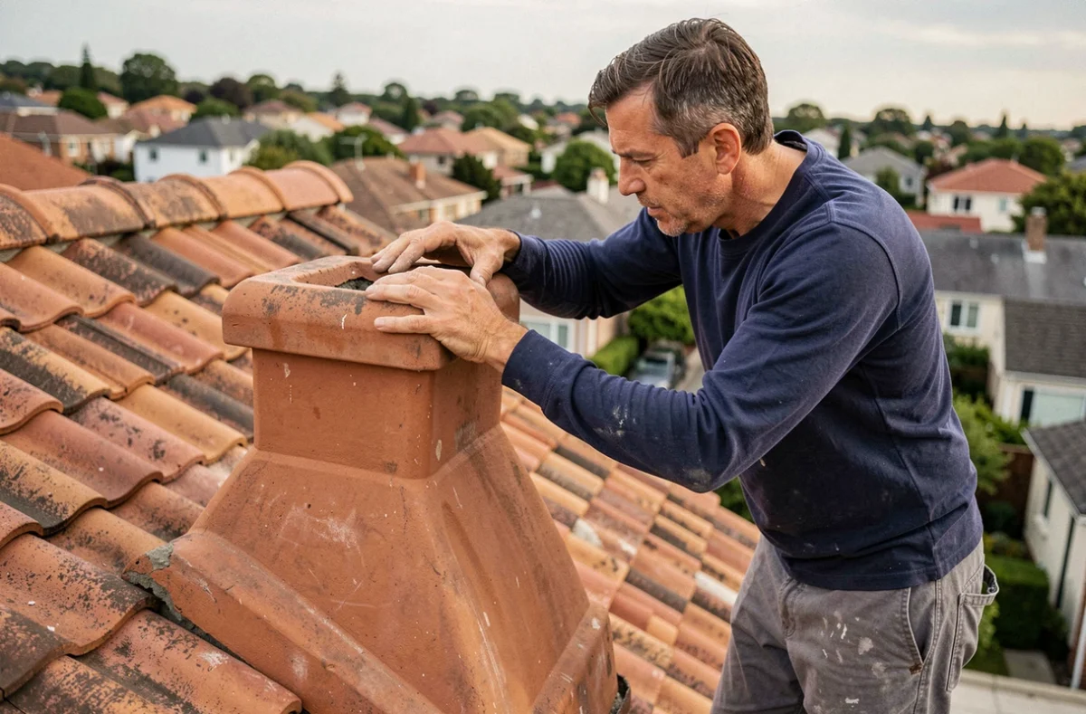 Maçon inspectant un chapeau de cheminée en terre cuite sur un toit de maison individuelle