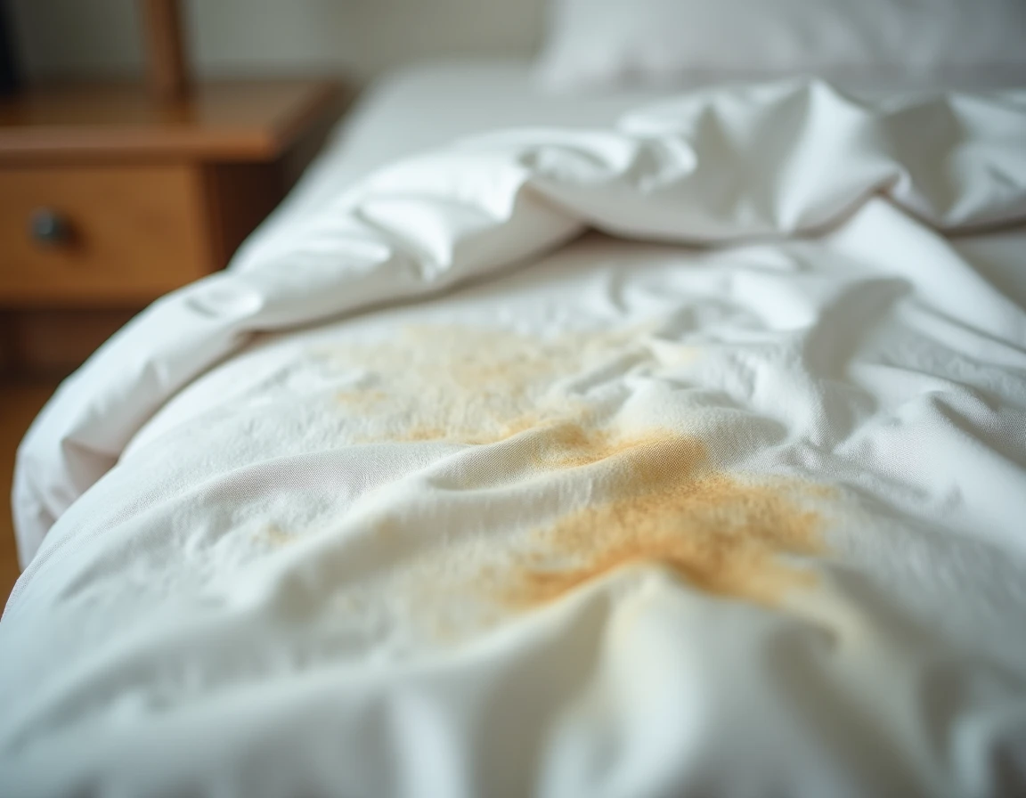 Gros plan sur un matelas humide avec des taches d'humidité et moisissures visibles sous un drap blanc froissé