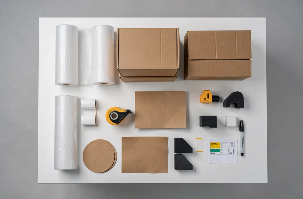Vue aérienne de matériaux de déménagement organisés sur une table blanche, cartons et accessoires d'emballage