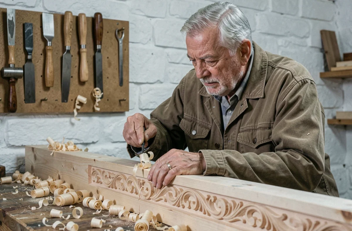 Vieux menuisier artisan sculptant des motifs traditionnels dans une poutre en bois dans un atelier de menuiserie ancien