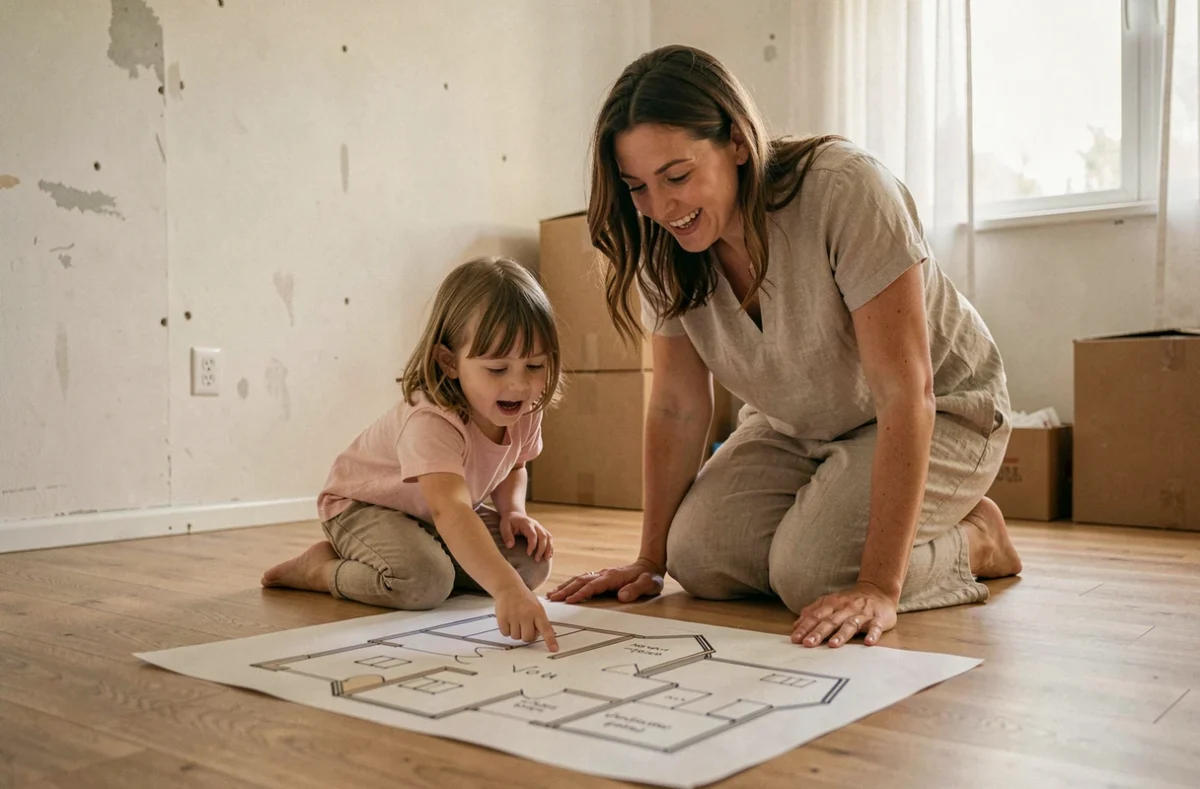 Mère et fille qui planifient leur nouvelle chambre lors d'un déménagement