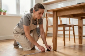 Femme mesurant la hauteur d'un pied de table en bois dans une cuisine scandinave avec un mètre ruban