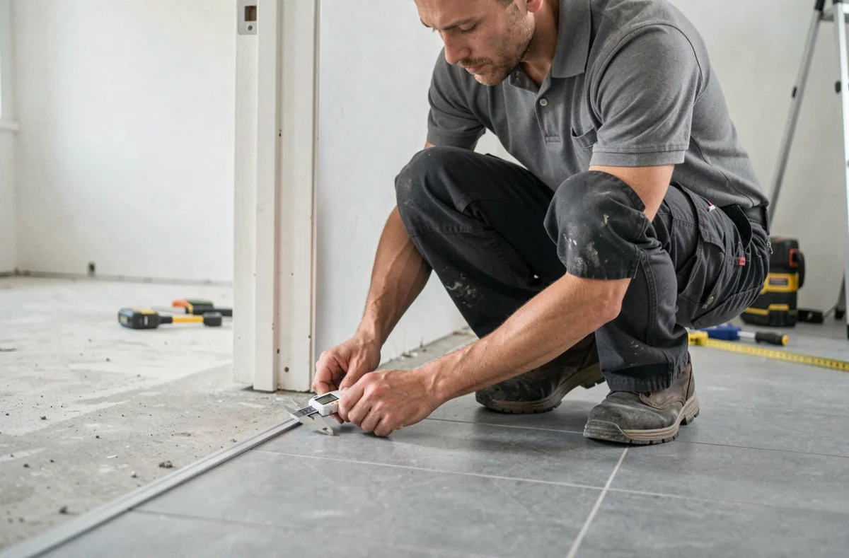 Artisan mesurant la hauteur d'un seuil de porte avec un pied à coulisse numérique lors de travaux de rénovation intérieure
