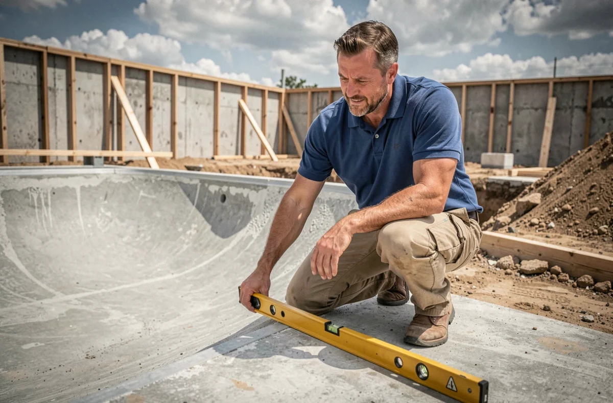 Technicien mesurant la pente du fond d'une piscine en construction avec un niveau à bulle