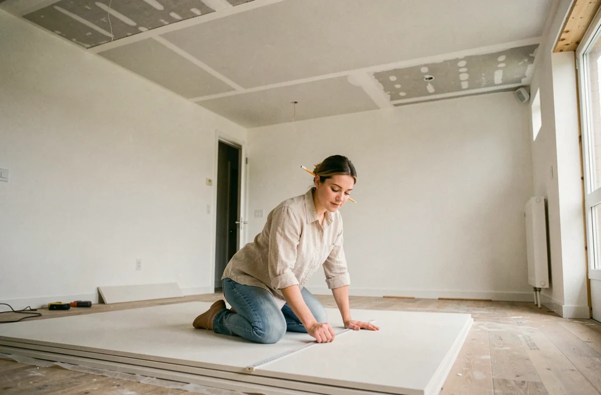 Femme mesurant des plaques de plâtre sur le sol d'un salon en cours de rénovation avec un faux plafond partiellement installé