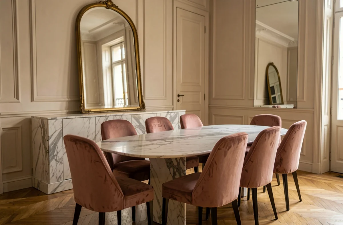 Grand miroir arrondi en appui sur un buffet en marbre dans une salle à manger de style haussmannien avec chaises en velours rose