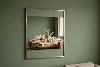 Miroir rectangulaire en laiton brossé accroché sur un mur vert sauge dans une salle à manger contemporaine avec table en bois et couverts en céramique