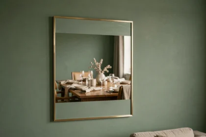 Miroir rectangulaire en laiton brossé accroché sur un mur vert sauge dans une salle à manger contemporaine avec table en bois et couverts en céramique