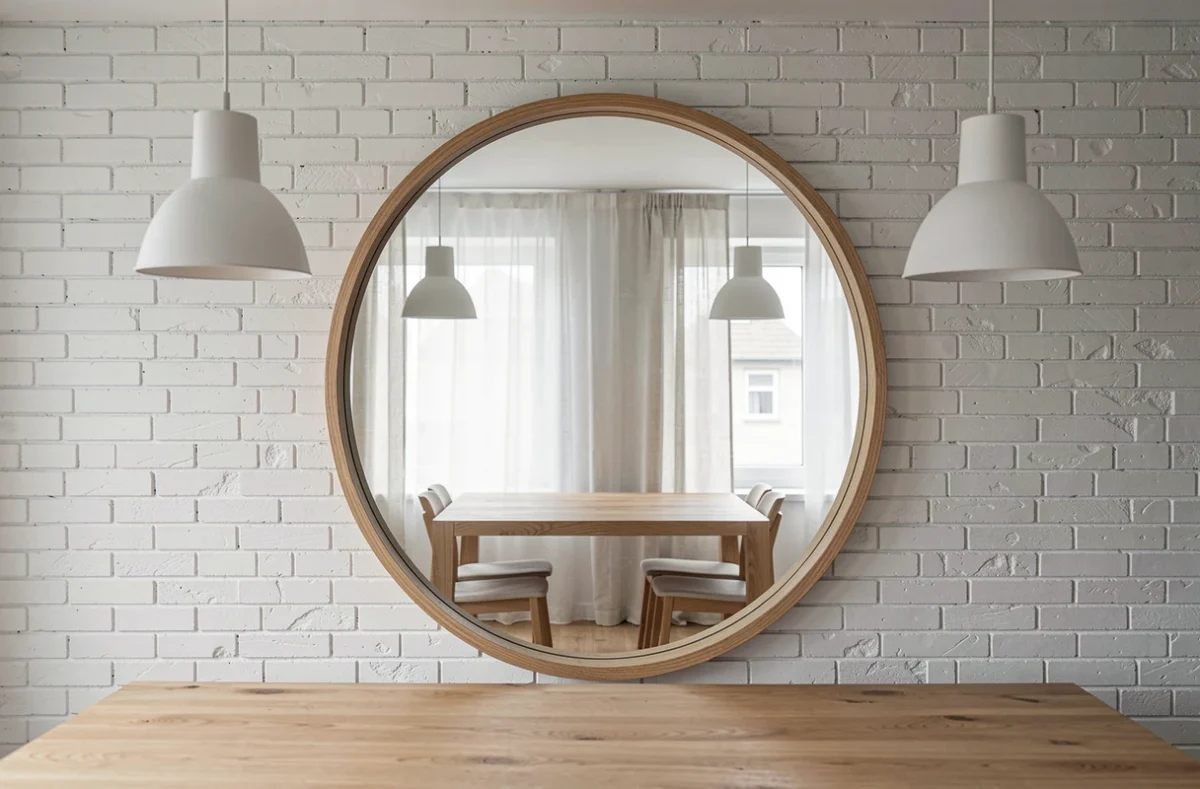 Miroir rond en chêne naturel centré sur un mur en brique blanche dans une salle à manger scandinave minimaliste avec suspension et table épurée