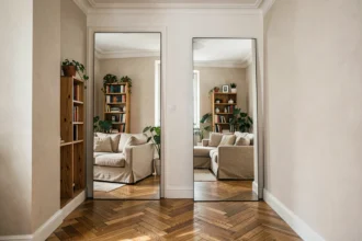 Grand miroir rectangulaire appuyé contre un mur blanc dans un salon étroit, créant une illusion d'espace et de profondeur