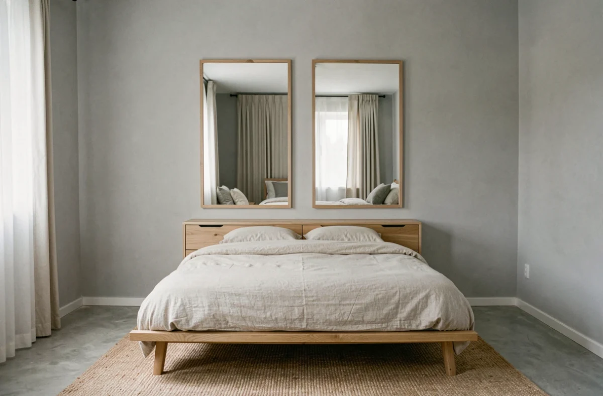Deux miroirs encadrés installés côte à côte au-dessus d'une commode dans une petite chambre pour agrandir visuellement la pièce