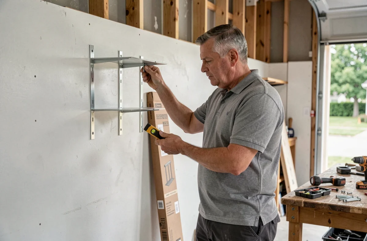 Homme adulte assemblant des étagères modulables dans un garage en rénovation, tenant un niveau à bulle avec des outils visibles au premier plan