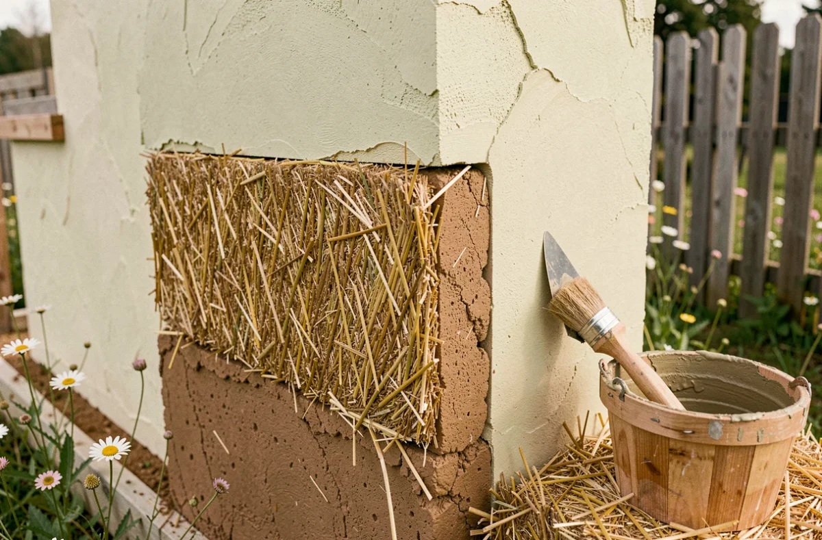 Détail d'un mur en ballot de paille enduit à la chaux, matériau naturel et écologique pour construire une maison