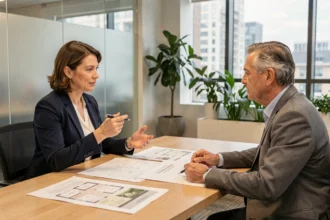 Femme négociant le prix d'un bien immobilier avec un agent dans une agence moderne