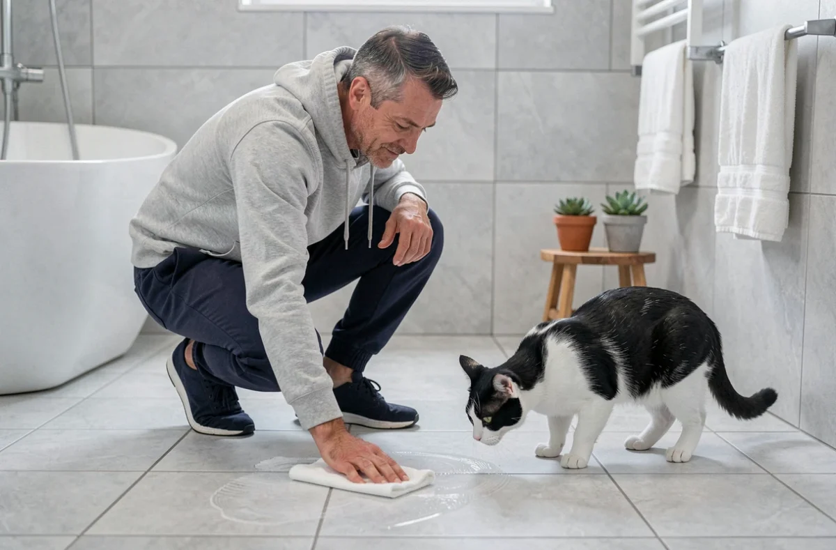 Homme nettoyant le carrelage de sa salle de bain à la main avec un chiffon humide pendant qu'un chat noir et blanc inspecte le sol propre