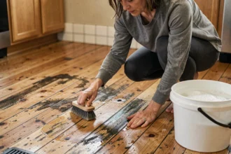 Femme en train de récurer un parquet en bois très sale avec une brosse et de l'eau savonneuse dans une cuisine