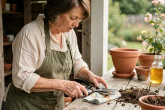 Femme nettoyant des sécateurs de jardin avec un chiffon et une solution nettoyante sur un établi en bois rustique