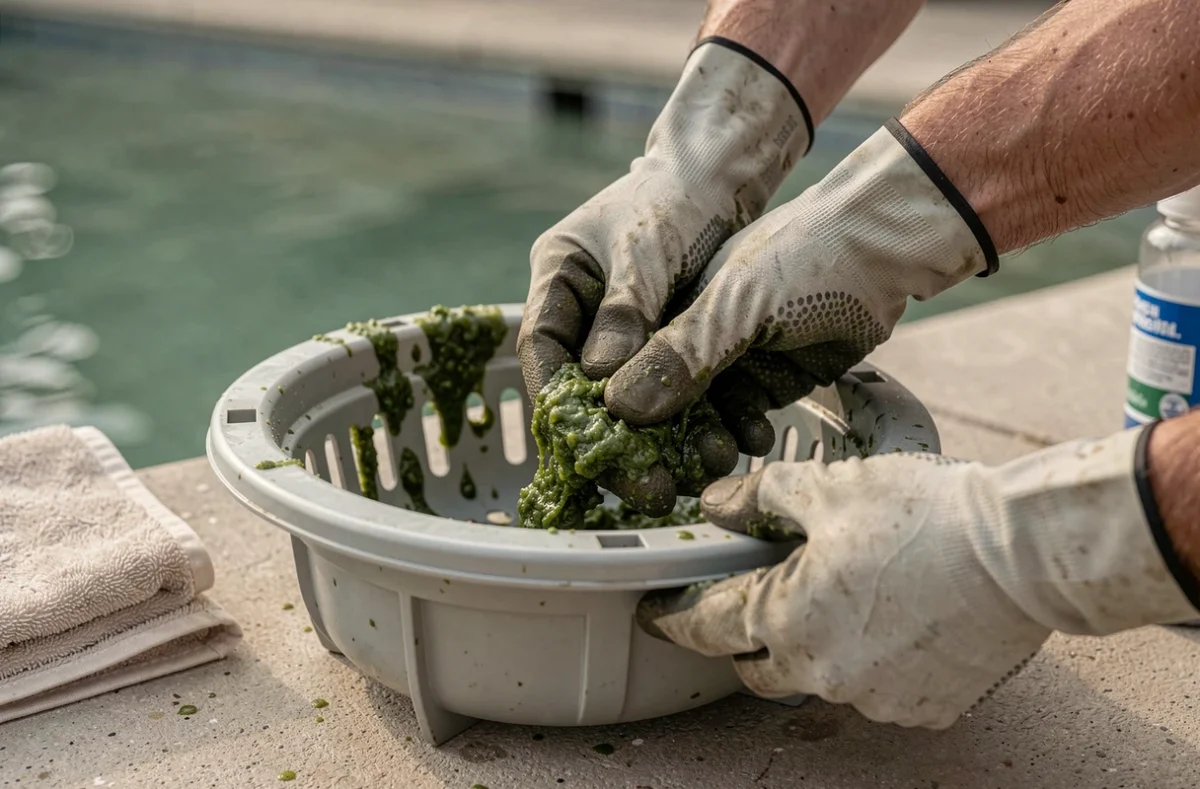 Nettoyage d'un panier de skimmer rempli d'algues dans une piscine en été