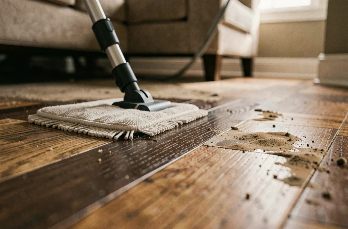Gros plan d'une serpillière microfibre nettoyant un parquet en bois encrassé dans un salon