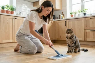 Femme nettoyant son sol en bois avec une serpillière microfibre sans danger pendant qu'un chat tabby observe à proximité