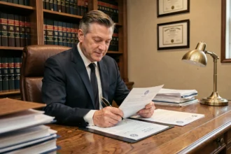Notaire en costume marine examinant un acte de propriété dans son bureau avec des documents immobiliers sur la table