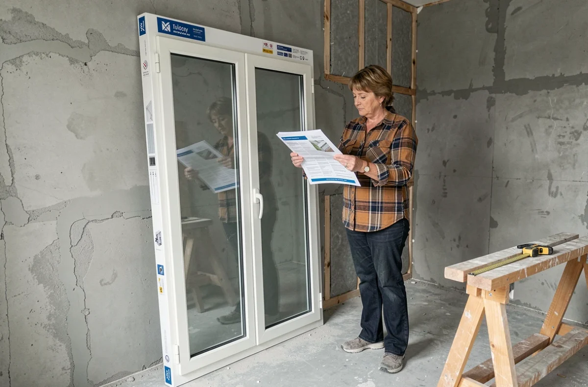 Propriétaire examinant un nouveau cadre de fenêtre à double vitrage en PVC avant son installation dans une pièce en rénovation