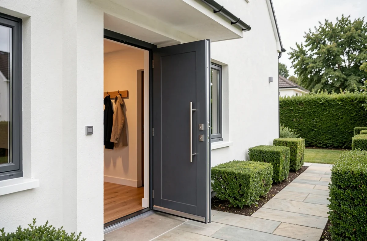 Nouvelle porte d'entrée en aluminium anthracite à triple vitrage installée sur une maison moderne pour améliorer l'isolation thermique