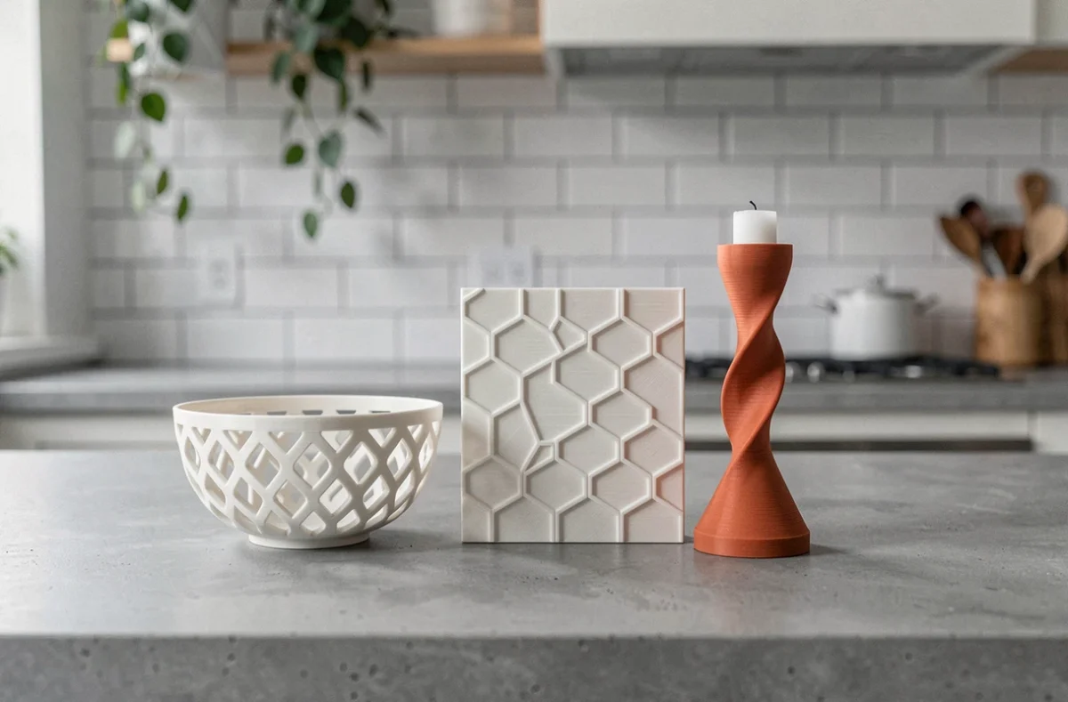 Objets décoratifs imprimés en 3D en PLA blanc et terracotta posés sur un plan de travail en béton dans une cuisine moderne