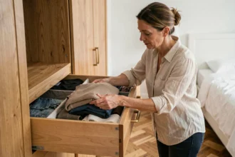 Femme rangeant des vêtements pliés dans un dressing en bois organisé avec des séparateurs de tiroirs