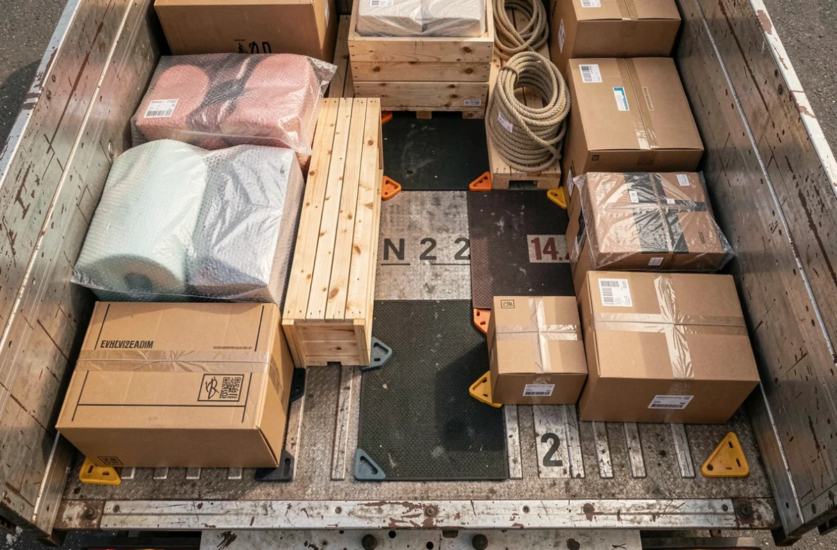 Vue aérienne de l'intérieur d'un plateau de camion avec marchandises protégées et correctement organisées pour éviter la casse